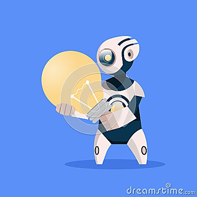 Robot Hold Light Bulb Cyborg Isolated On Blue Background Concept Modern Artificial Intelligence Technology Vector Illustration