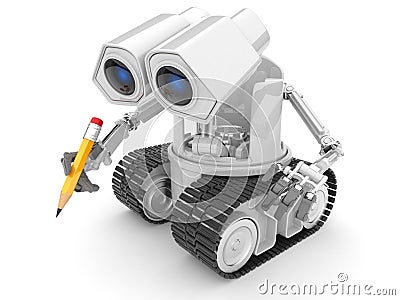 Robot hold pencil hand. 3d person. isolated Stock Photo