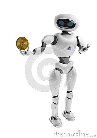 Robot holding Bitcoin. Isolate on white. Crypto Currency. Stock Photo