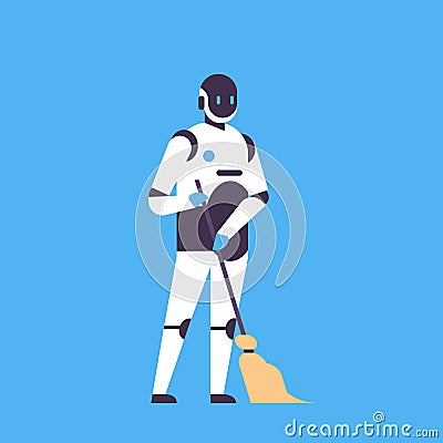 Robot holding broom cleaning service concept house bot helper artificial intelligence blue background flat full length Vector Illustration