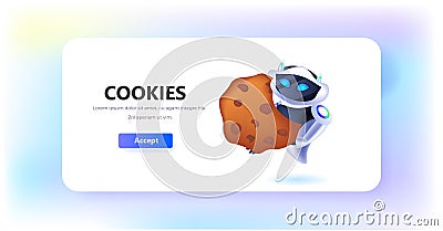robot holding cookie protection of personal information internet web pop up we use cookies policy notification Vector Illustration