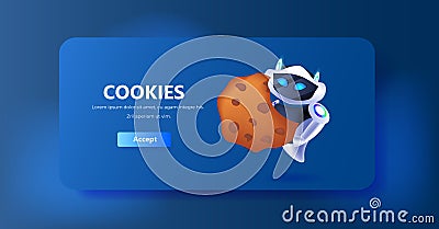 robot holding cookie protection of personal information internet web pop up we use cookies policy notification Vector Illustration