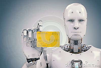 Robot holding credit card Stock Photo