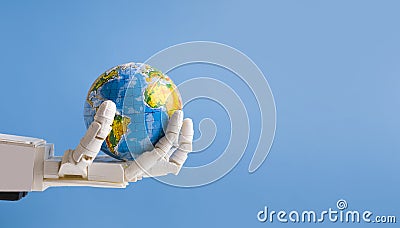 Robot holding Earth globe in hand, blue panorama background Stock Photo