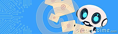 Robot Holding Envelopes Email Letters Chatter Bot Over Circuit Background Horizontal Bannner With Copy Space Vector Illustration