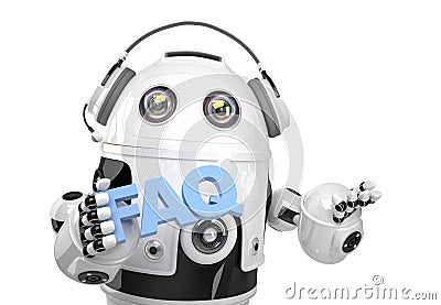 Robot holding FAQs sign. Isolated. Contains clipping path Stock Photo