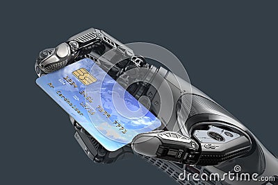 A robot holding generic credit card in hand. Stock Photo