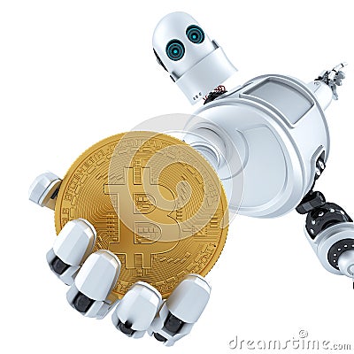 Robot holding gold bitcoin. 3D illustration. Isolated. Contains Cartoon Illustration