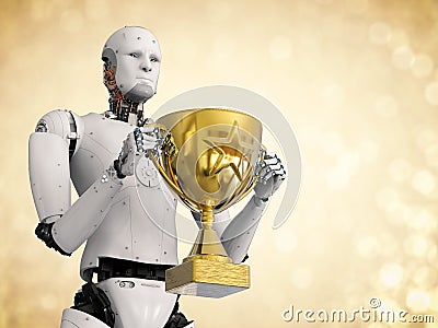 Robot holding golden trophy Stock Photo
