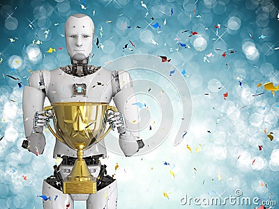 Robot holding golden trophy Stock Photo