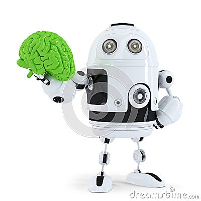 Robot holding green brain. Technology concept Stock Photo