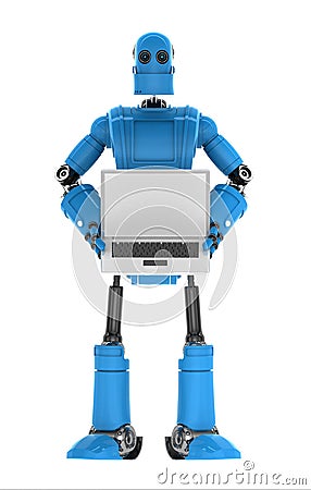 Robot holding laptop with copyspace available on the computer screen Stock Photo