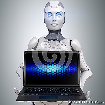 Robot holding anm opened laptop Cartoon Illustration