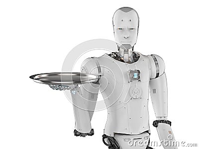 Robot holding serving tray Stock Photo