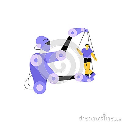 Robot Manipulating Human Puppet In Flat Vector Illustration Symbolizing AI Control, Control, Influence, And Automation Vector Illustration