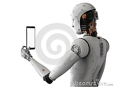 Robot holding tablet Stock Photo
