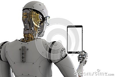 Robot holding tablet Stock Photo