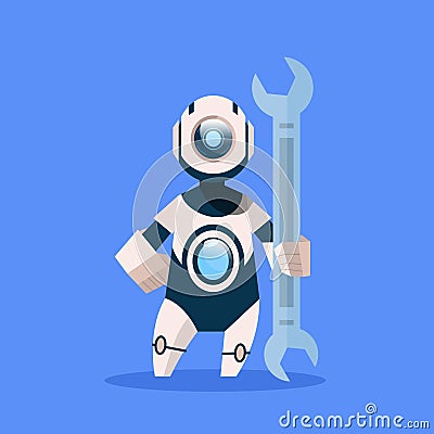 Robot Holding Wrench Cyborg Isolated On Blue Background Concept Modern Artificial Intelligence Technology Vector Illustration