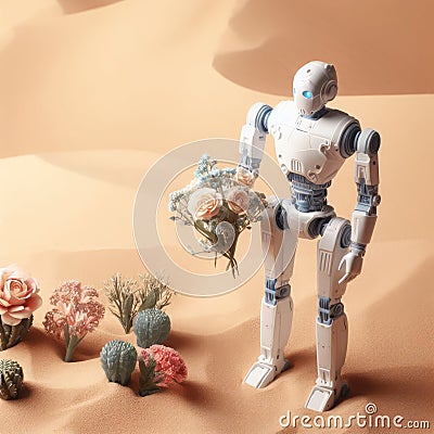 A robot holds flowers while standing in the desert Stock Photo