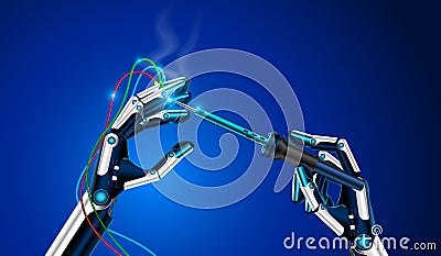 The robot or cyborg holds in a hand or arms a soldering iron Vector Illustration