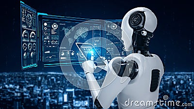 Robot hominoid using tablet computer for big data analytic Stock Photo