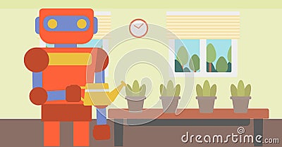 Robot housekeeper watering flowers. Vector Illustration