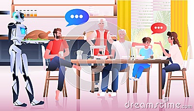 robot housewife cooking and serving meals to family artificial intelligence technology chat bubble communication Vector Illustration