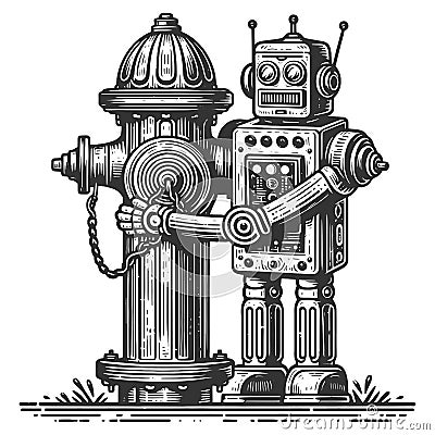 Robot hugging fire hydrant engraving sketch vector Vector Illustration