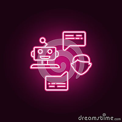 Robot and human conversation neon icon. Elements of Artifical intelligence set. Simple icon for websites, web design, mobile app, Stock Photo