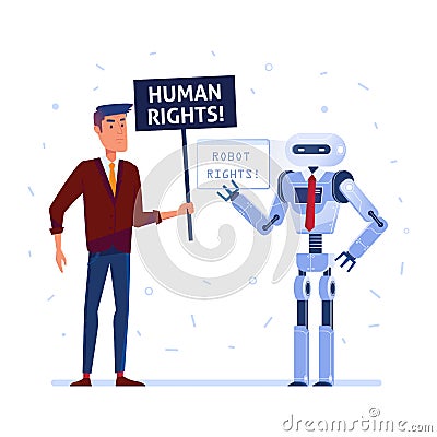 Robot and human fighting for the rights. Vector Illustration