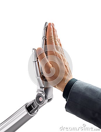 Robot and Human Giving a High Five. Artificial Intelligence Technology 3d Illustration Stock Photo