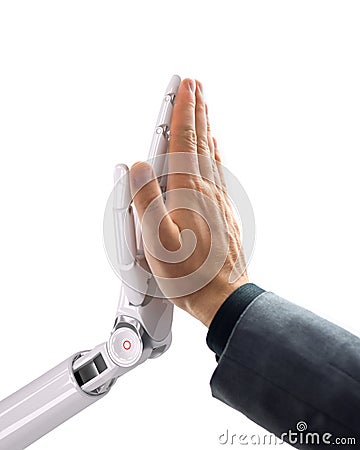 Robot and Human Giving a High Five. Artificial Intelligence Technology 3d Illustration Stock Photo