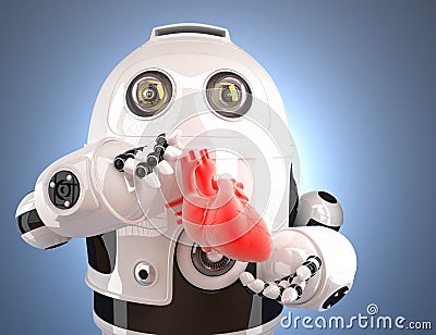 Robot with human heart in the hands. Technology concept. Contains clipping path. Stock Photo