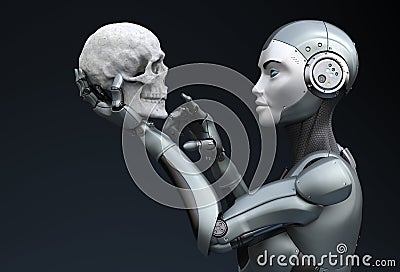 Robot with human skull in his hand Cartoon Illustration