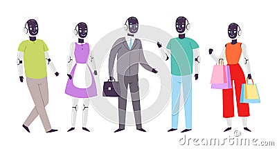 Robot humanoid people vector futuristic robotic cartoon characters cybernetic cyber life technology illustration set of Vector Illustration