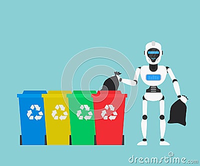 Robot humanoid throws garbage in to the trash can Vector Illustration