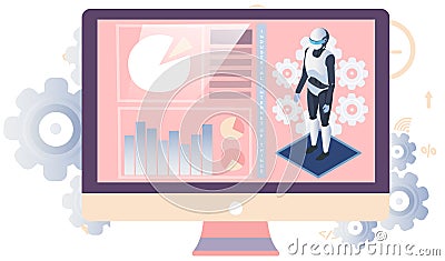 Robot humanoid works with digital interface using computer, examines and analyzes diagrams Vector Illustration