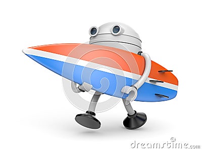 The robot hurries to surf Cartoon Illustration