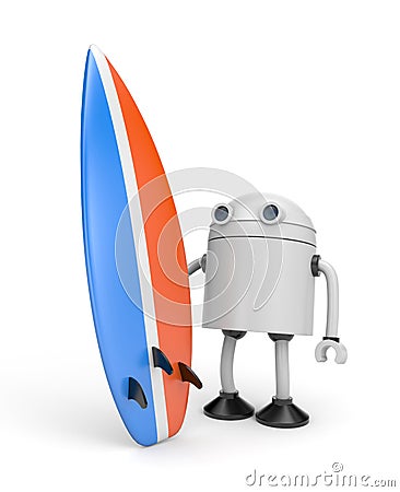 The robot hurries to surf Cartoon Illustration