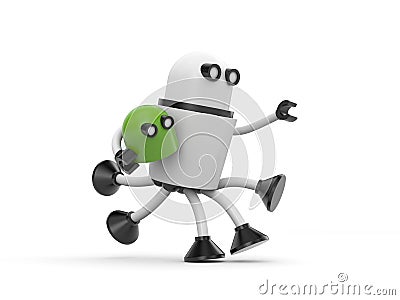 Robot in a hurry with green head of another robot Cartoon Illustration