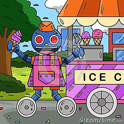 Robot Ice Cream Vendor Colored Cartoon Vector Illustration