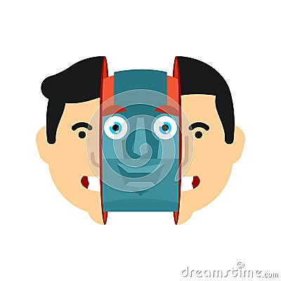 Robot inside human head. Iron Skull Cyborg Vector Illustration