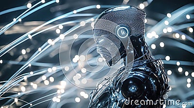 A robot interacts with a glowing neural network display. Generative Ai Stock Photo