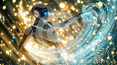 A robot interacts with a glowing neural network display. Generative Ai Stock Photo