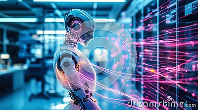 A robot interacts with a glowing neural network display. Generative Ai Stock Photo
