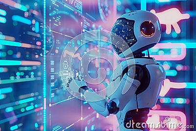 Robot interacts with holographic interface digital data panel showcasing advanced Artificial intelligence and technology Stock Photo
