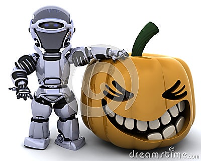 Robot with jack o lantern pumpkin Stock Photo