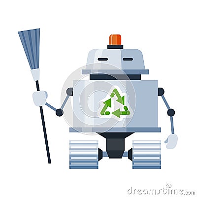 Robot janitor holding broom cartoon icon. Android on wheels with besom, floor brush. Vector Illustration