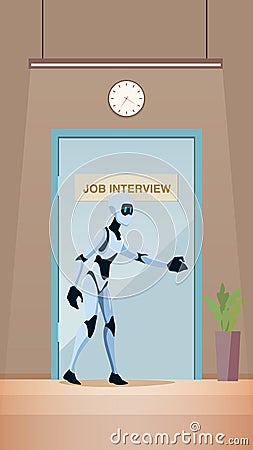 Robot on Job Interview Walk into Door at Office Vector Illustration