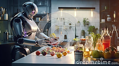 a robot in the kitchen makes fruit juice.Generative AI Stock Photo